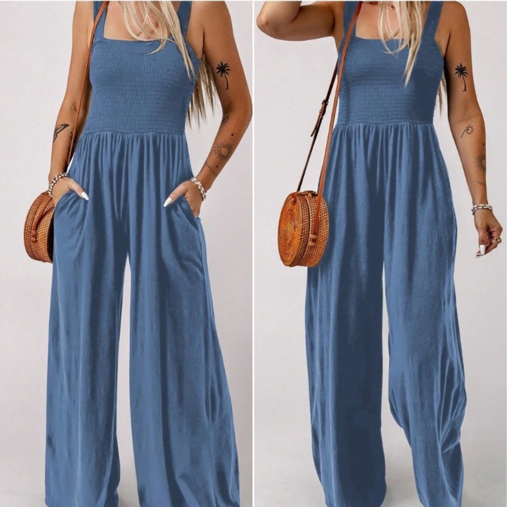 Boho smocked bodice wide leg wide straps cami jumpsuit - Picture 1 of 8